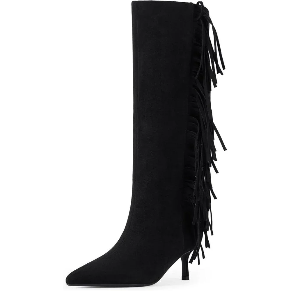 Women Suede Black Knee High Boots Kitten Heels Tall Pointed Toe Long Boots